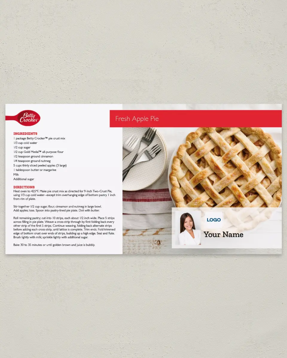 This is a 6" x 11" Postcard called Betty Crocker -  Fresh Apple Pie printed in full color