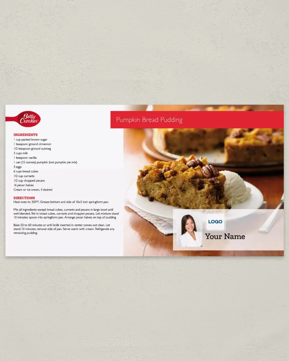 This is a 6" x 11" Postcard called Betty Crocker -  Pumpkin Bread Pudding printed in full color