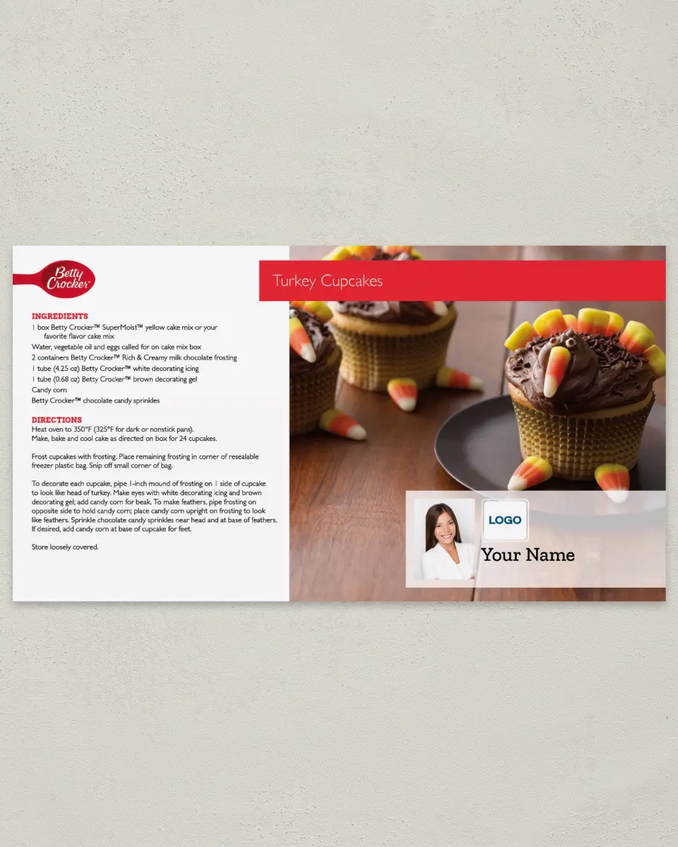 This is a 6" x 11" Postcard called Betty Crocker -  Turkey Cupcakes printed in full color