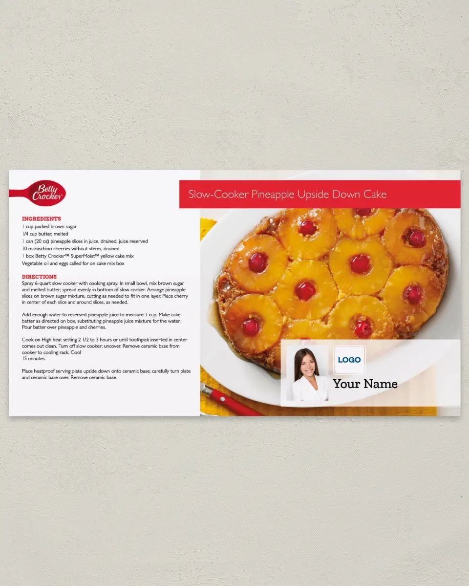This is a 6" x 11" Postcard called Betty Crocker -  Upside Down Cake printed in full color