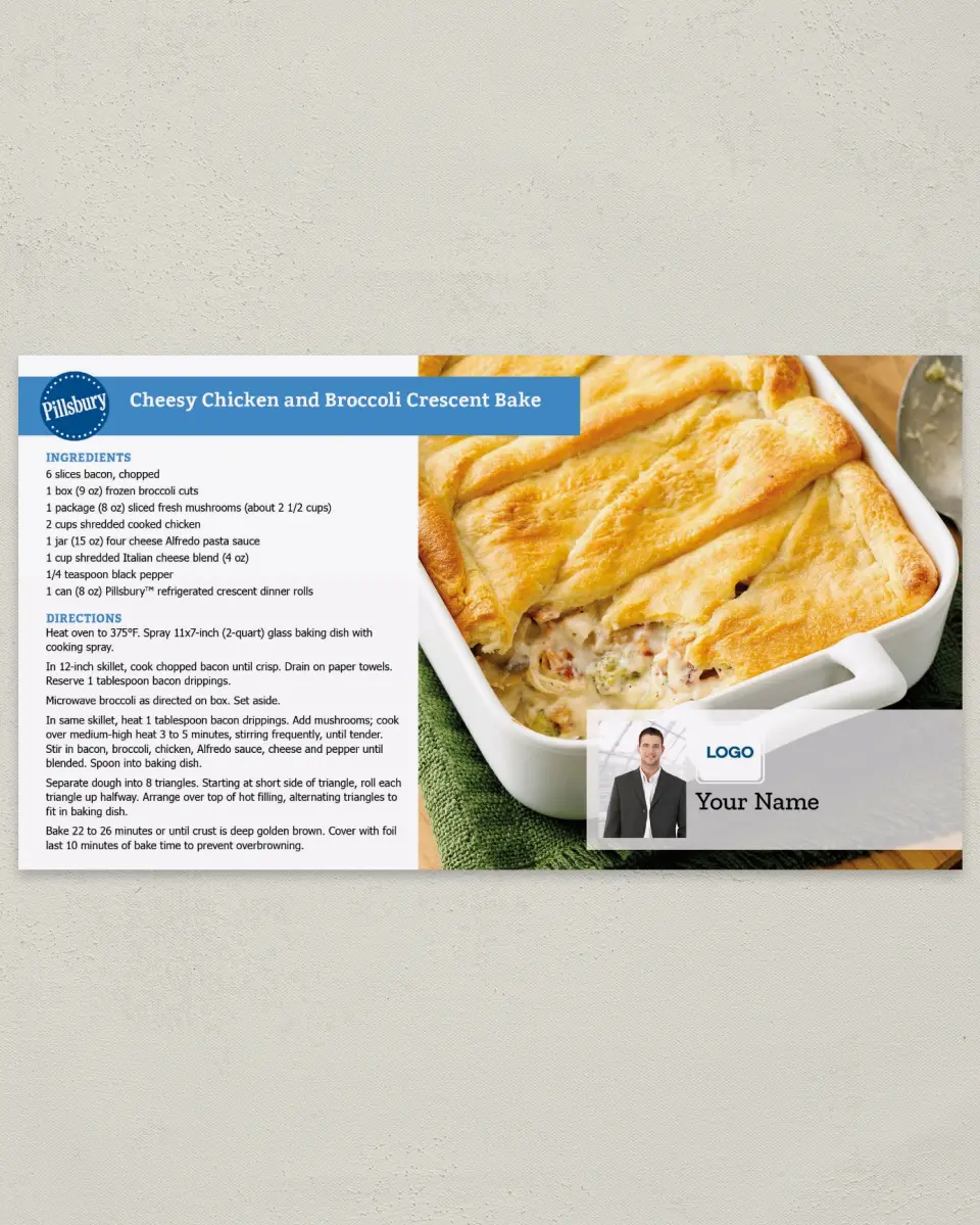 This is a 6" x 11" Postcard called Pillsbury -  Chicken and Broccoli Bake printed in full color