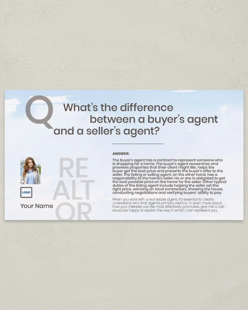 This is a 6" x 11" Postcard called Buying vs Selling Agent printed in full color