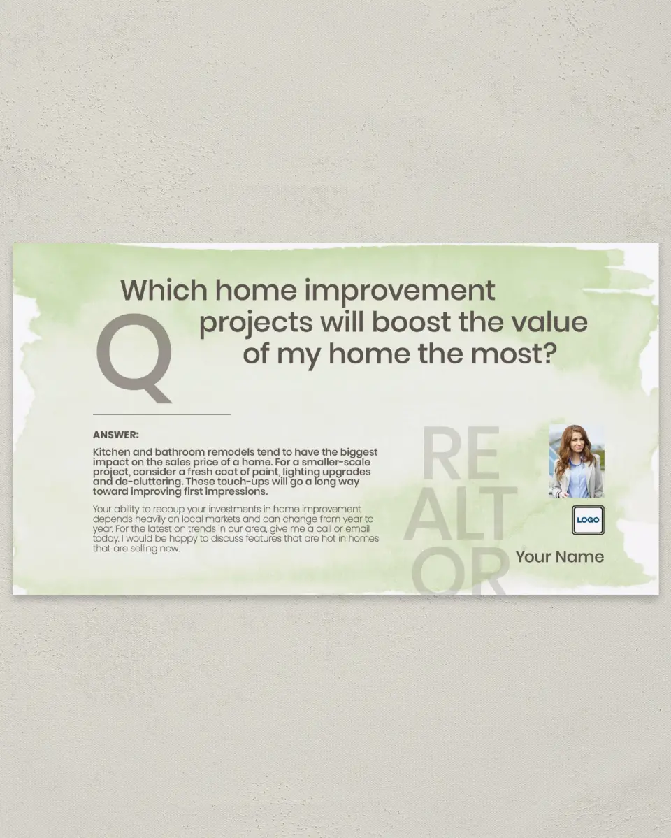 This is a 6" x 11" Postcard called Boost Home Value printed in full color
