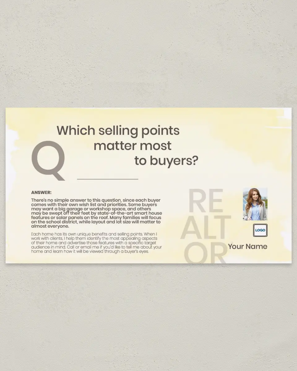 This is a 6" x 11" Postcard called Selling Points printed in full color