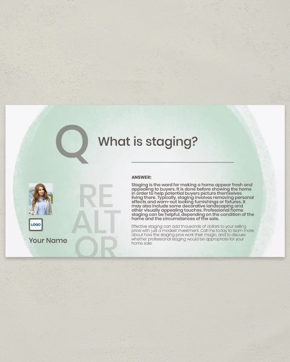 This is a 6" x 11" Postcard called Staging Matters printed in full color