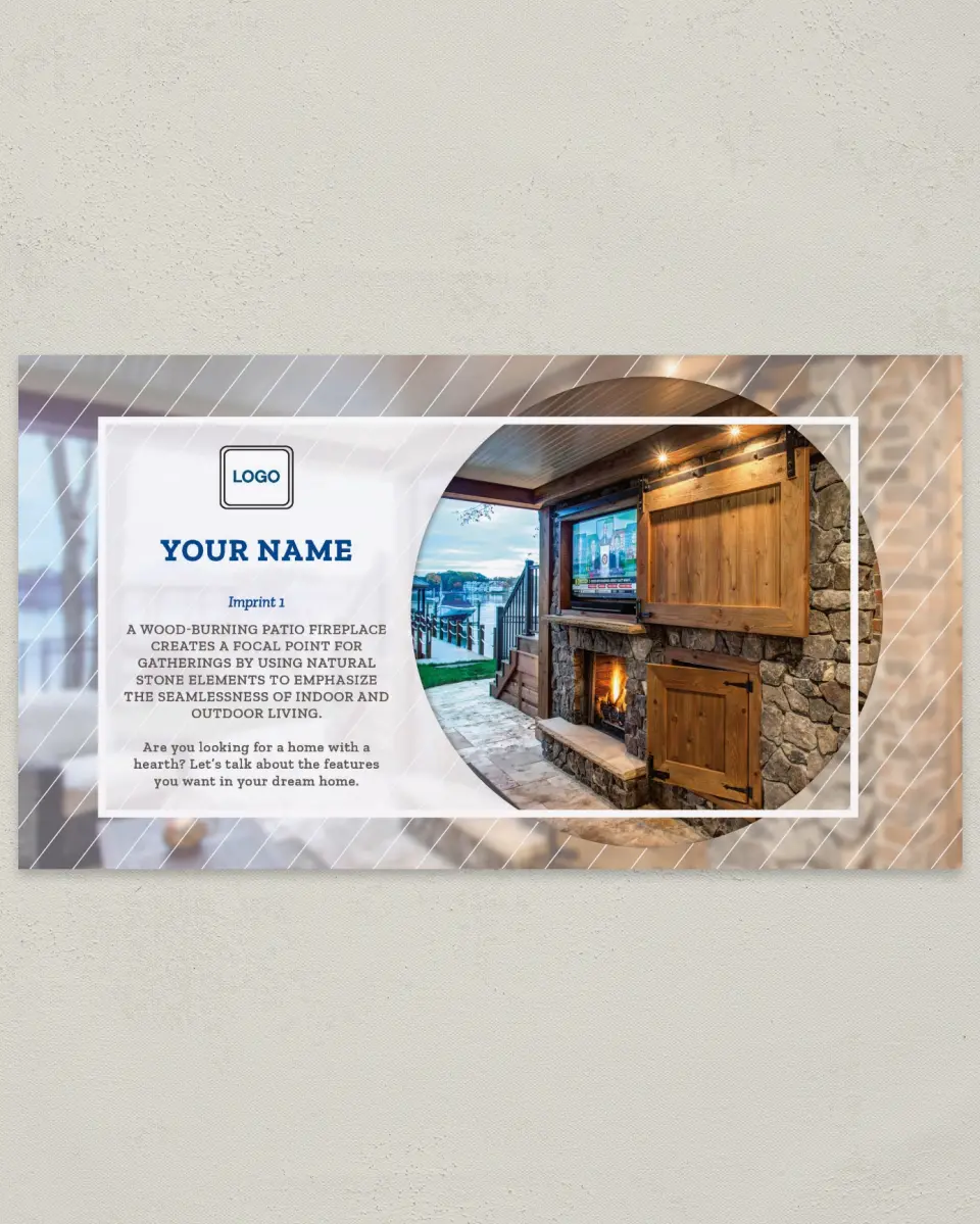 This is a 6" x 11" Postcard called Dream Spaces - Patio Fireplace printed in full color