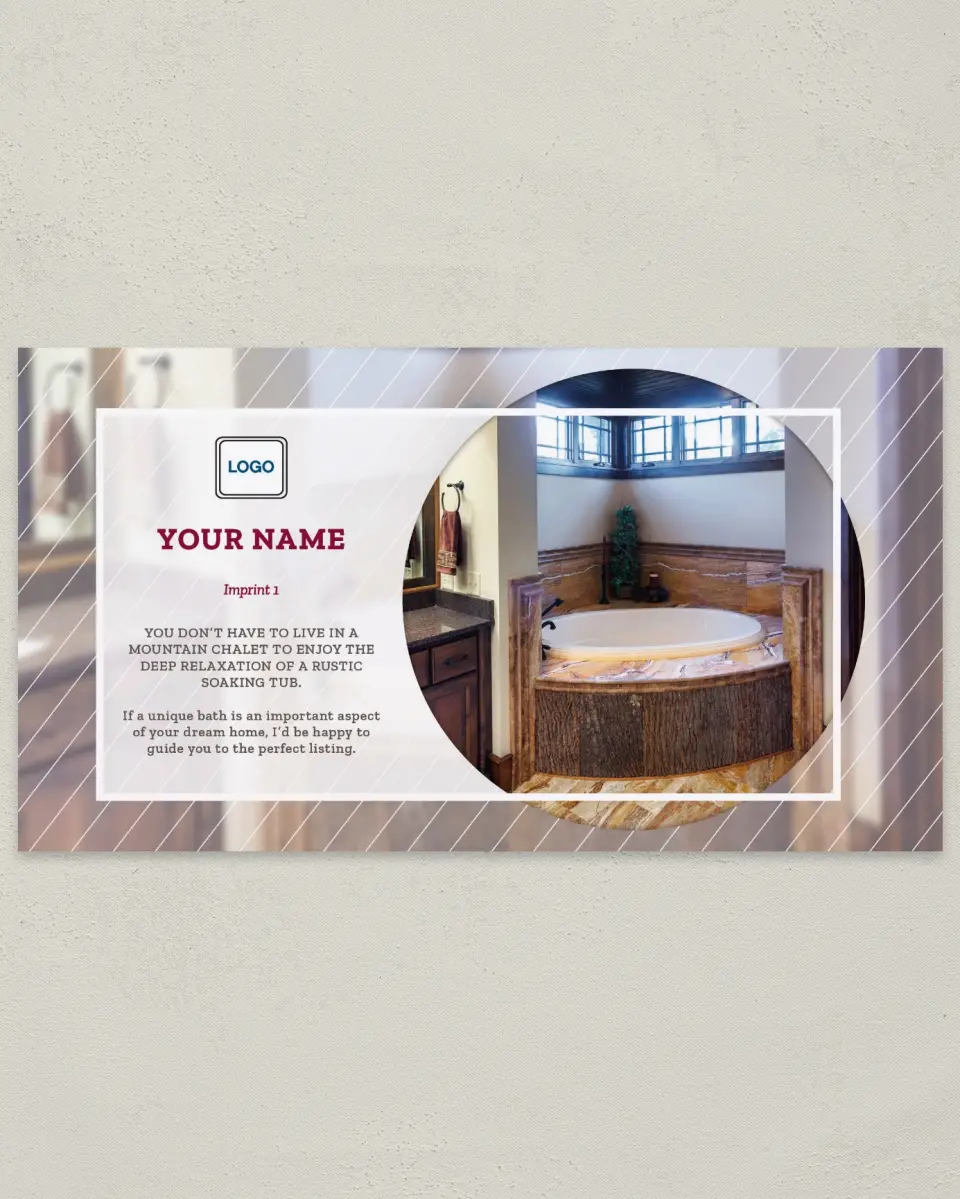 This is a 6" x 11" Postcard called Dream Spaces - Unique Bath printed in full color