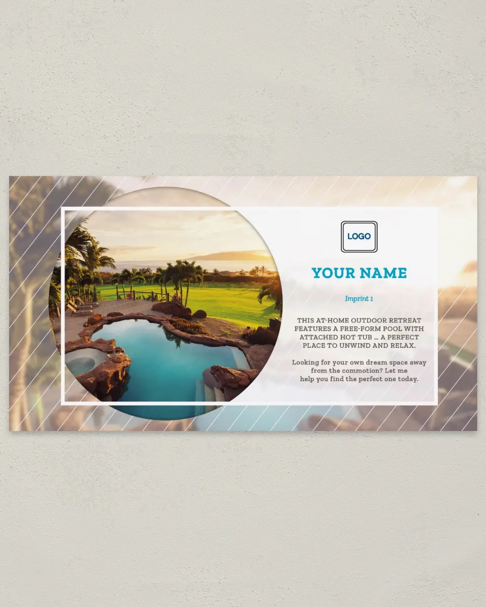This is a 6" x 11" Postcard called Dream Spaces - Pool Oasis printed in full color