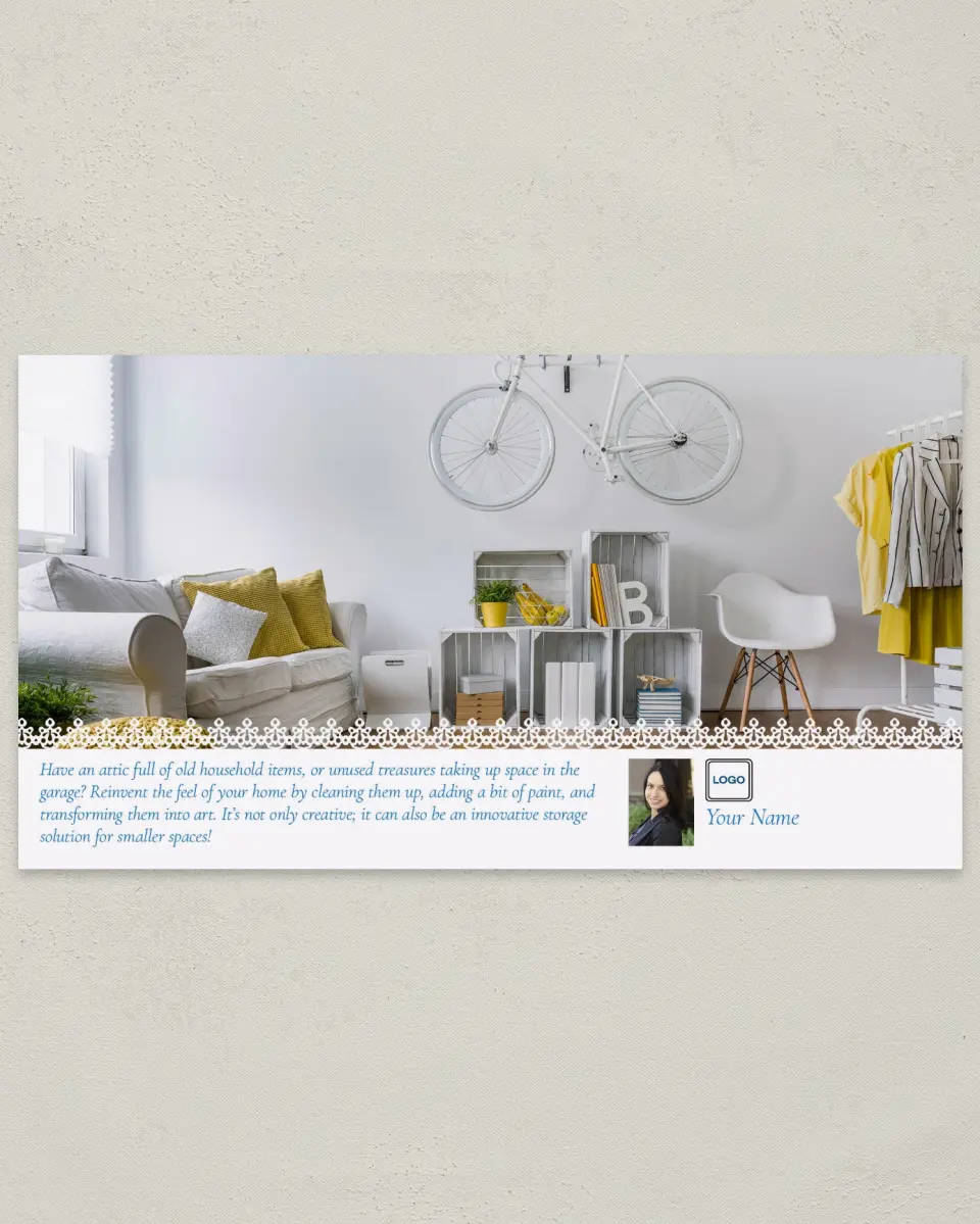 This is a 6" x 11" Postcard called Reinvent Decorating printed in full color