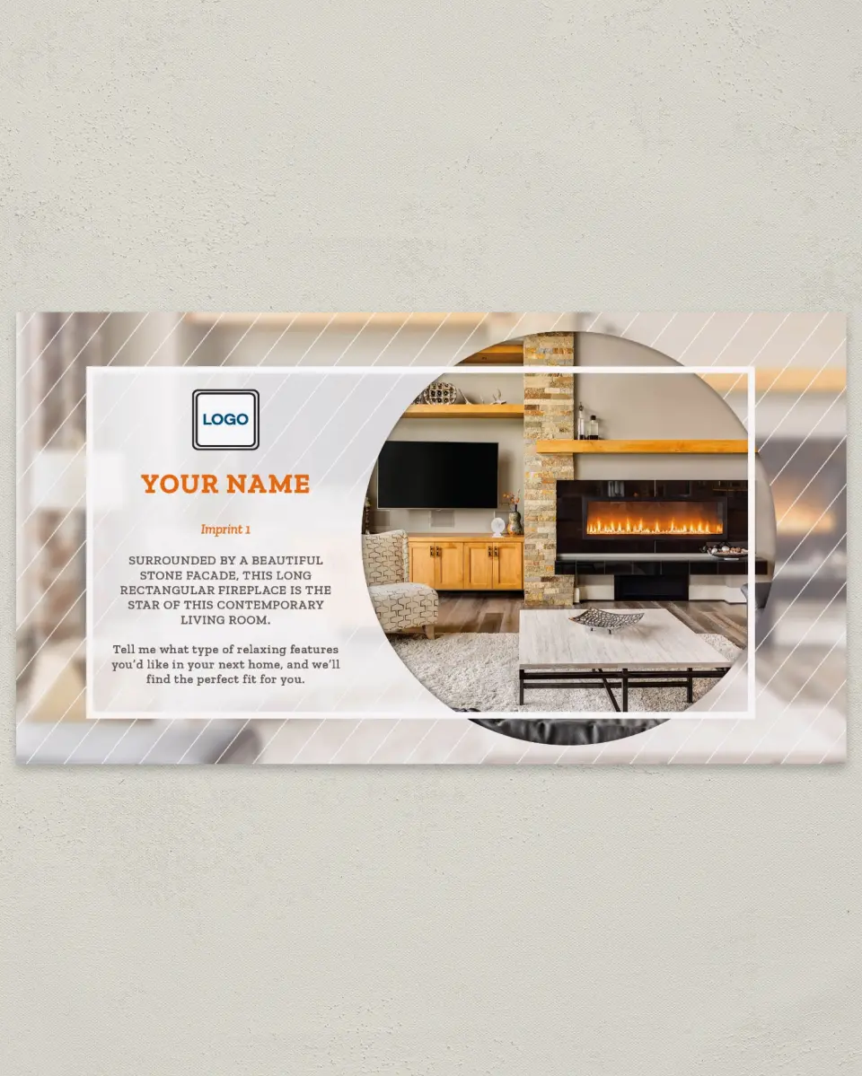 This is a 6" x 11" Postcard called Showcase Fireplace printed in full color