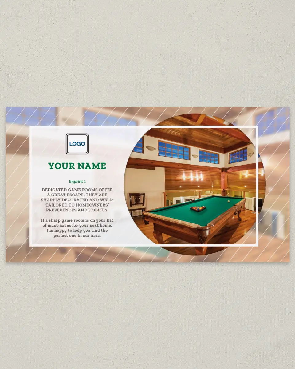 This is a 6" x 11" Postcard called Game Room Escape printed in full color