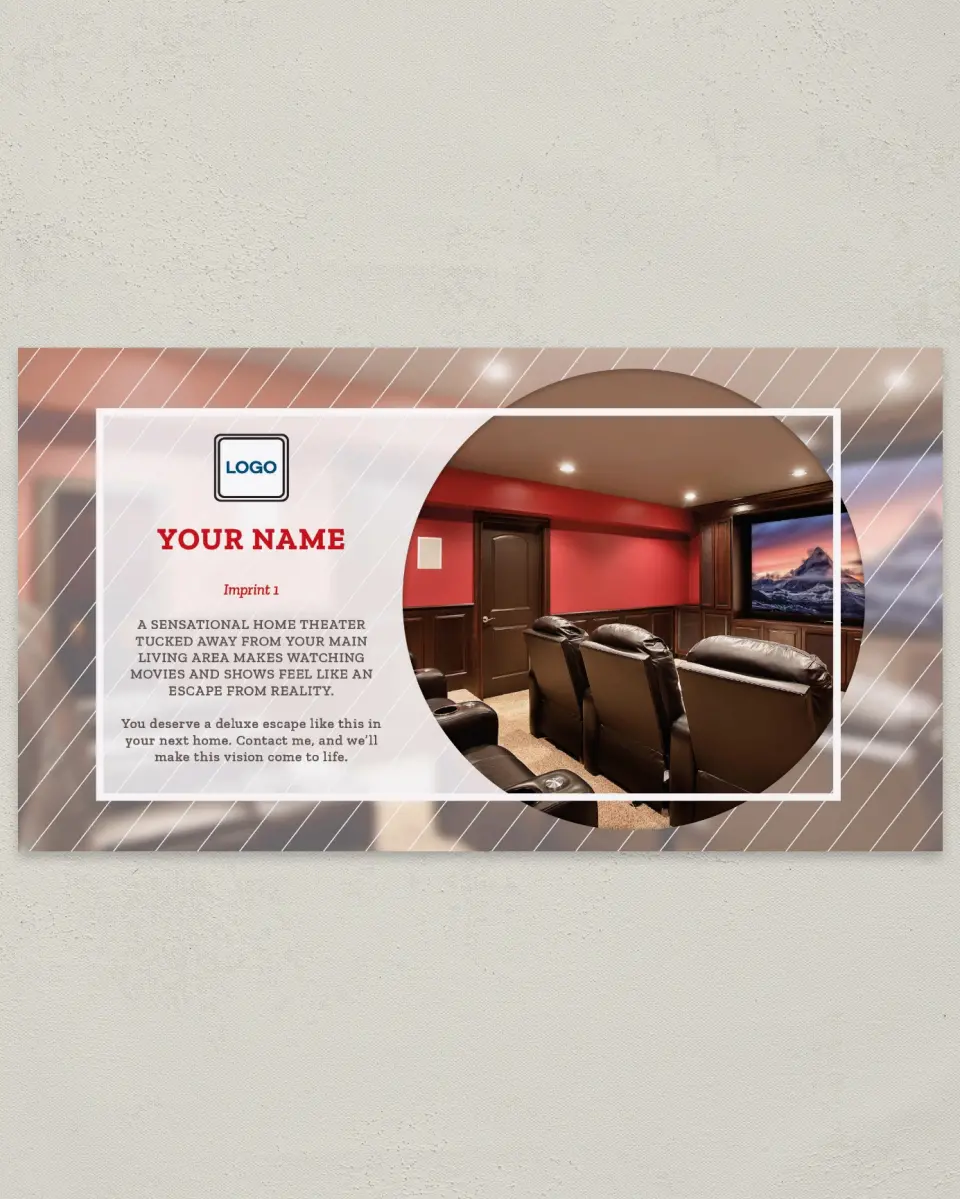 This is a 6" x 11" Postcard called Home Theater Retreat printed in full color