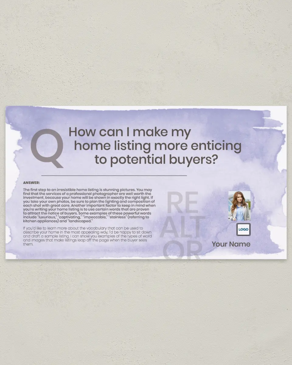 This is a 6" x 11" Postcard called Enticing Home Listing printed in full color