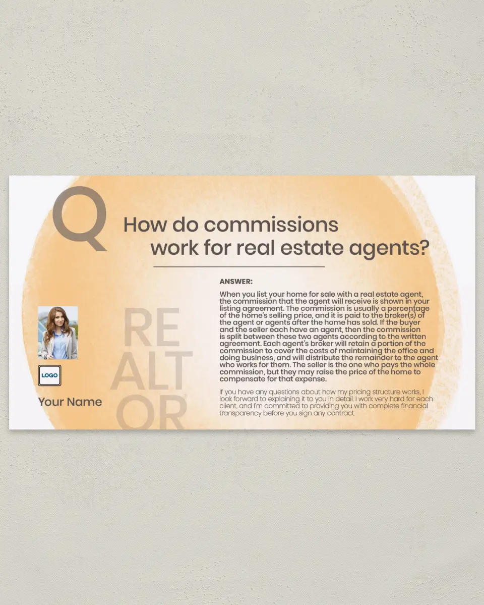 This is a 6" x 11" Postcard called Commissions Explained printed in full color
