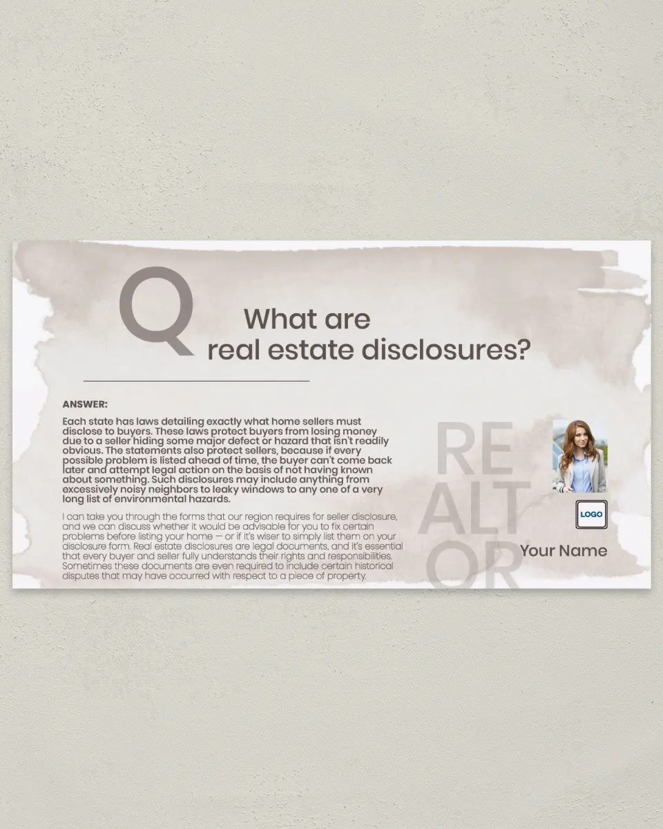 This is a 6" x 11" Postcard called Disclosures Revealed printed in full color