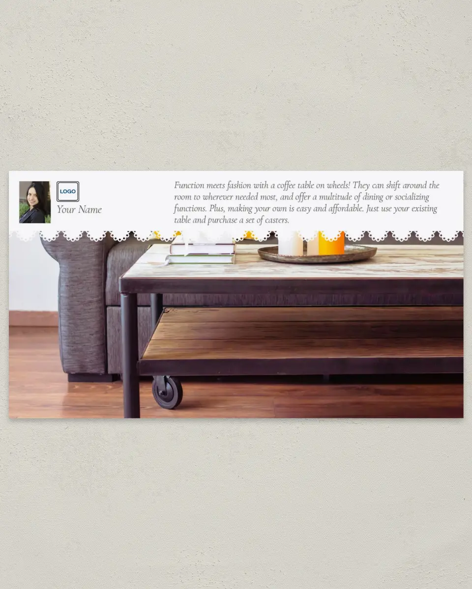 This is a 6" x 11" Postcard called Table on Wheels printed in full color