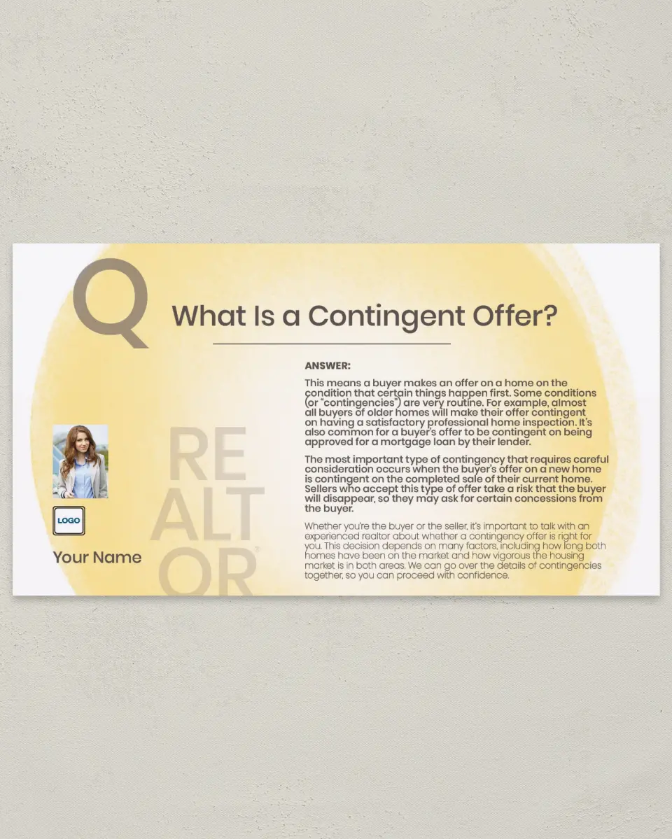 This is a 6" x 11" Postcard called Contingent Offer printed in full color