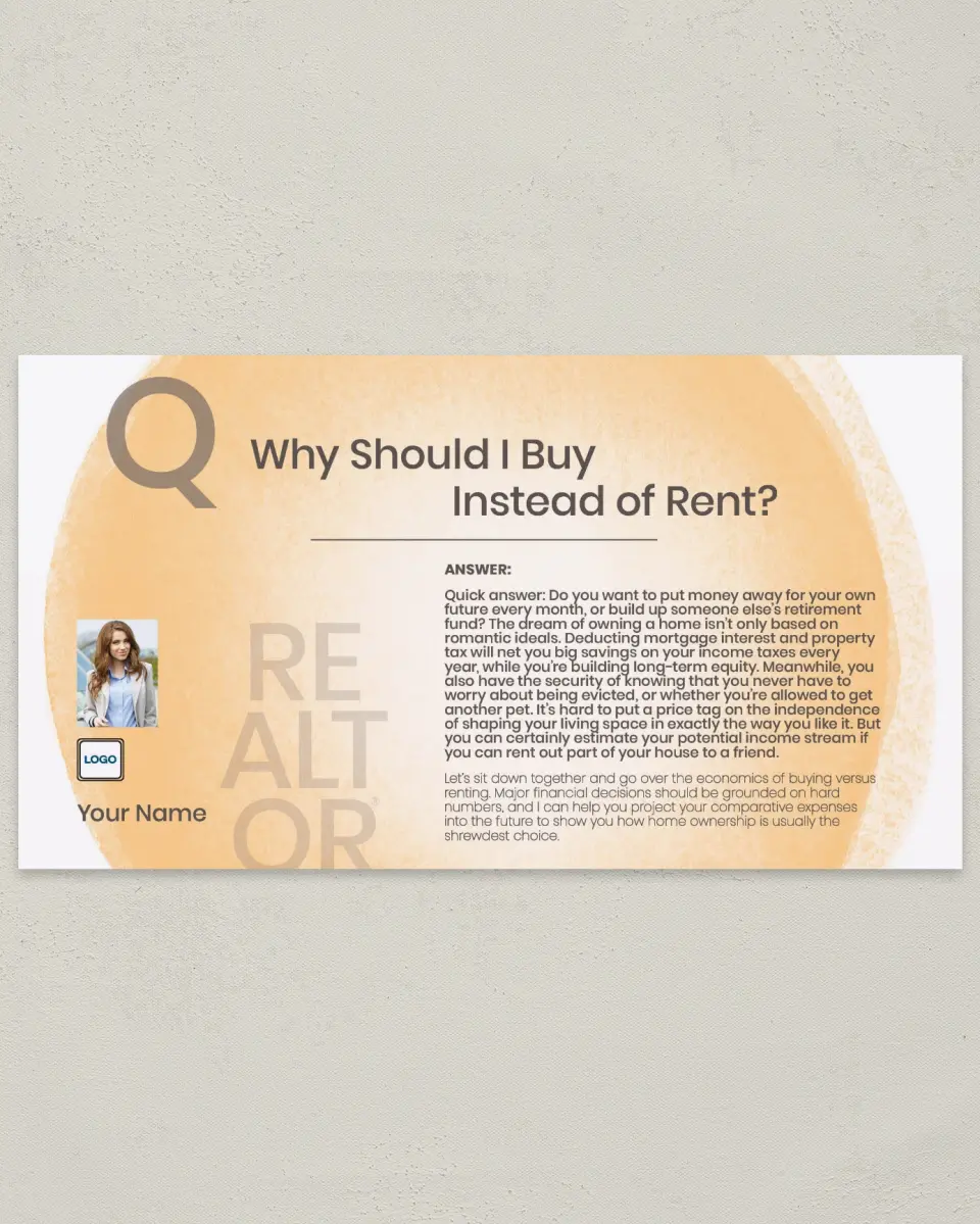 This is a 6" x 11" Postcard called Buy or Rent printed in full color