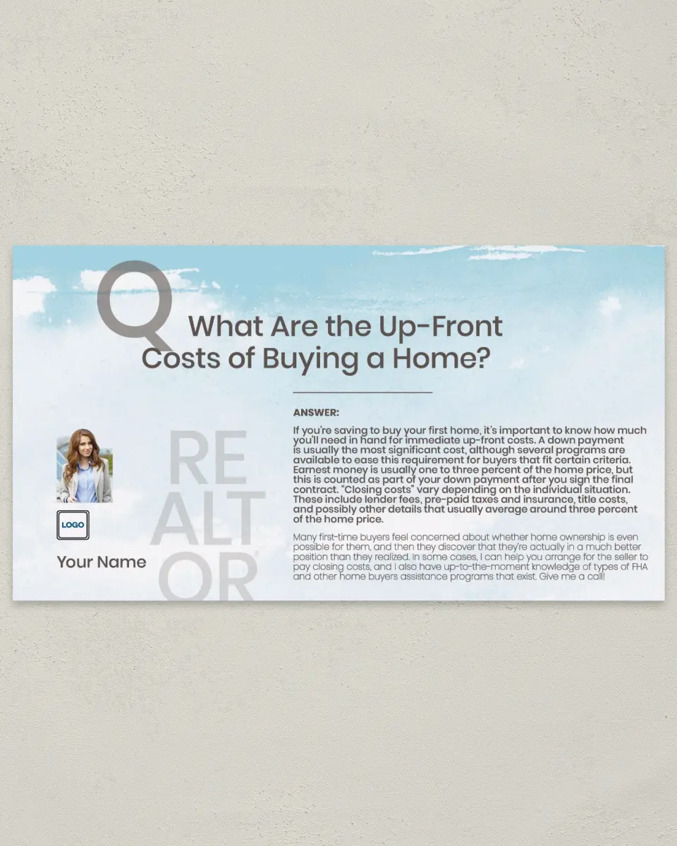 This is a 6" x 11" Postcard called Up-Front Costs printed in full color