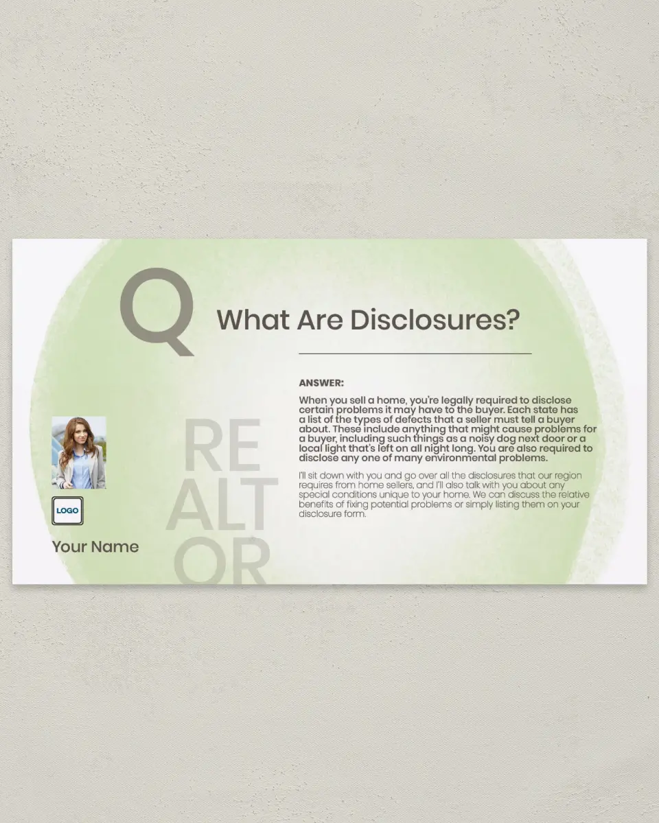This is a 6" x 11" Postcard called Disclosure Info printed in full color
