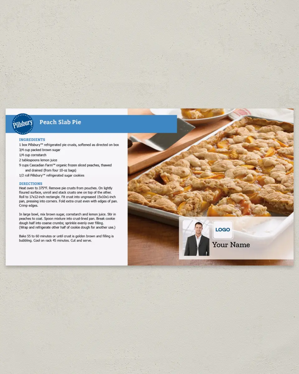 This is a 6" x 11" Postcard called Peach Slab Pie printed in full color