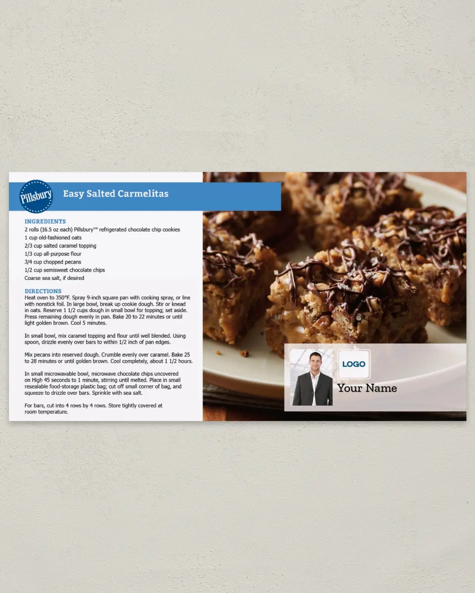 This is a 6" x 11" Postcard called Easy Salted Carmelitas printed in full color