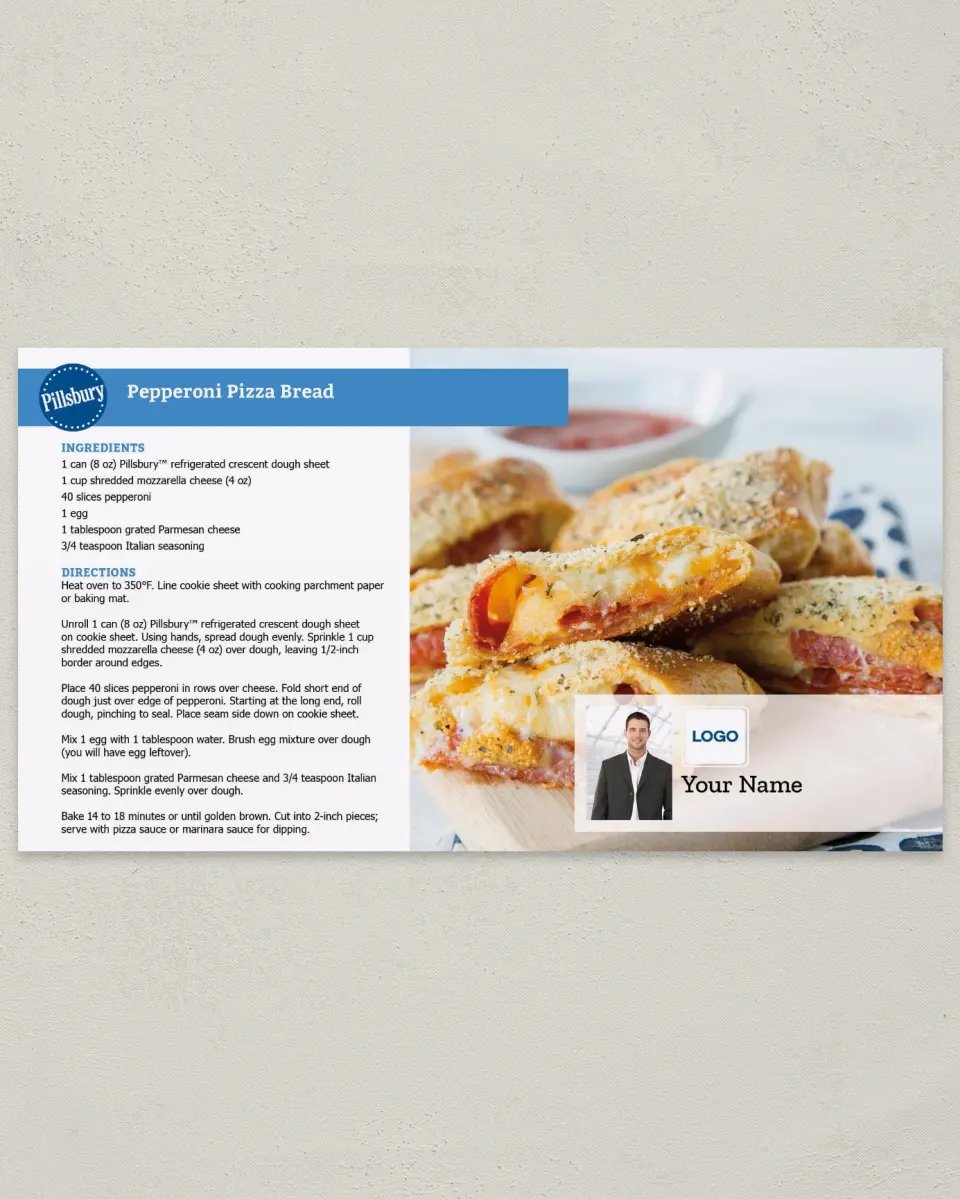 This is a 6" x 11" Postcard called Pepperoni Pizza Bread printed in full color
