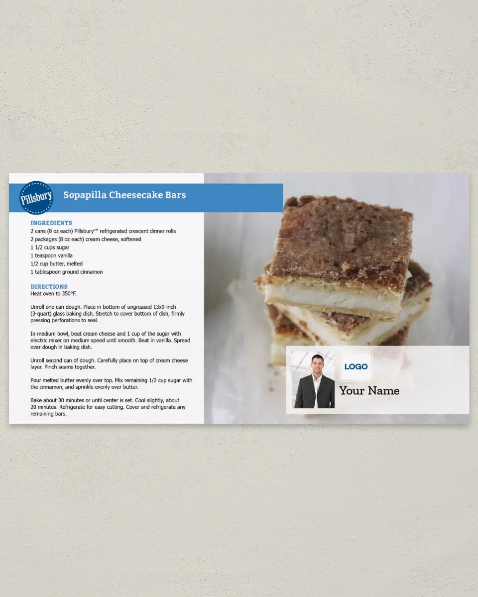 This is a 6" x 11" Postcard called Sopapilla Cheesecake Bars printed in full color