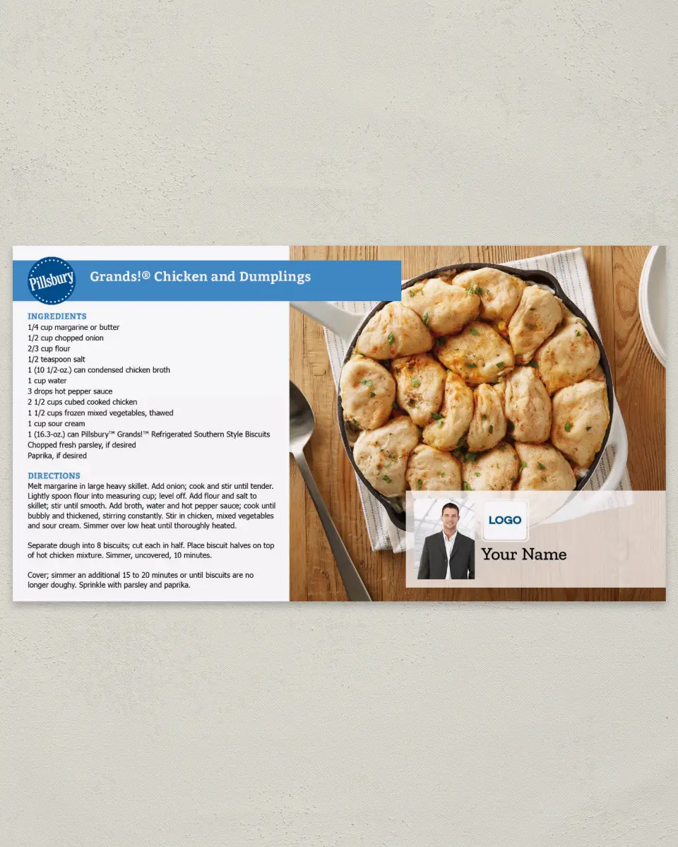This is a 6" x 11" Postcard called Grands! Chicken and Dumplings printed in full color