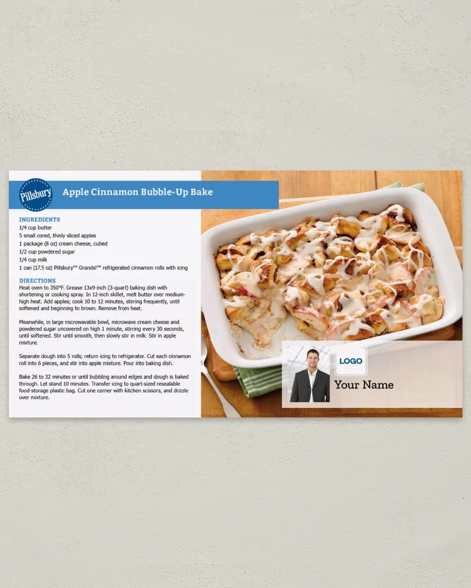 This is a 6" x 11" Postcard called Apple Cinnamon Bubble- Up Bake printed in full color