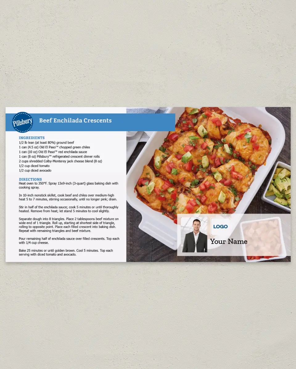 This is a 6" x 11" Postcard called Beef Enchilada Cresents printed in full color