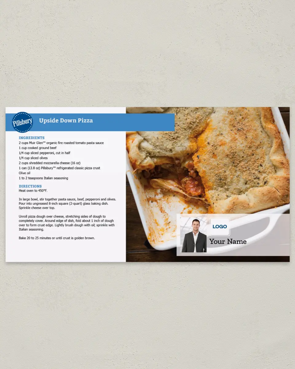 This is a 6" x 11" Postcard called Upside Down Pizza printed in full color