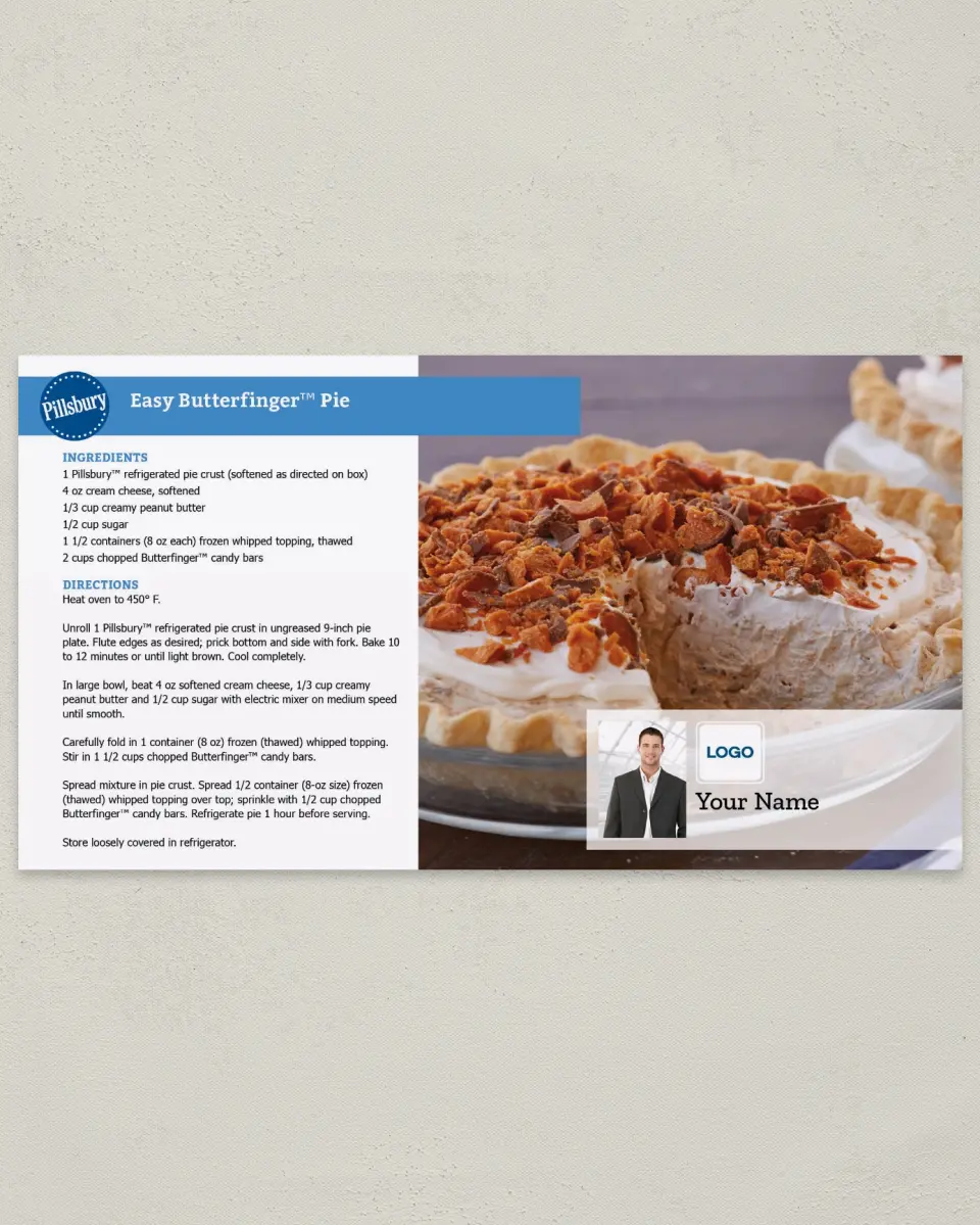 This is a 6" x 11" Postcard called Easy Butterfinger Pie printed in full color