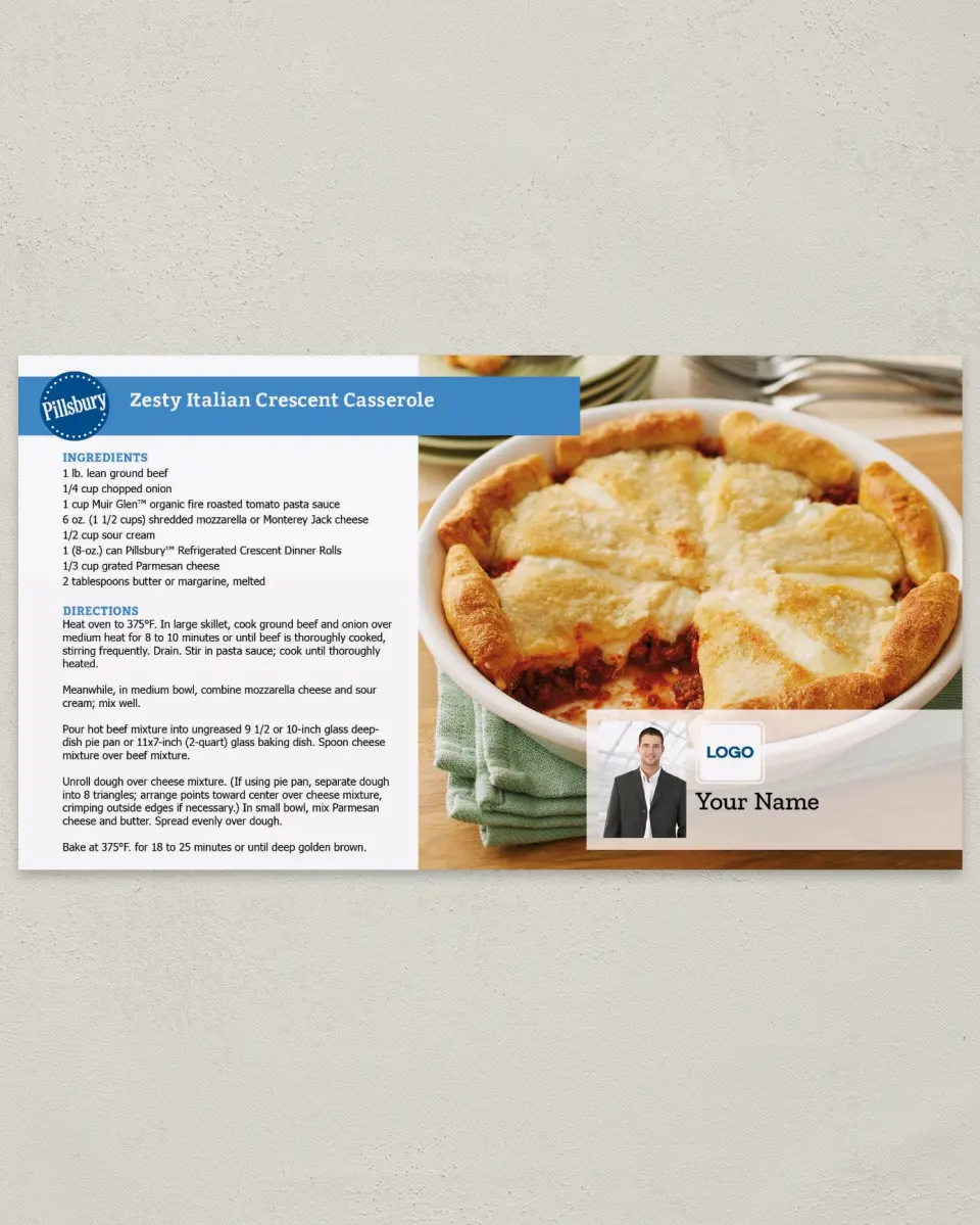 This is a 6" x 11" Postcard called Zesty Italian Crescent Casserole printed in full color