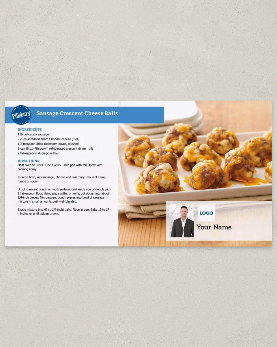 This is a 6" x 11" Postcard called Sausage Crescent Cheese Balls printed in full color
