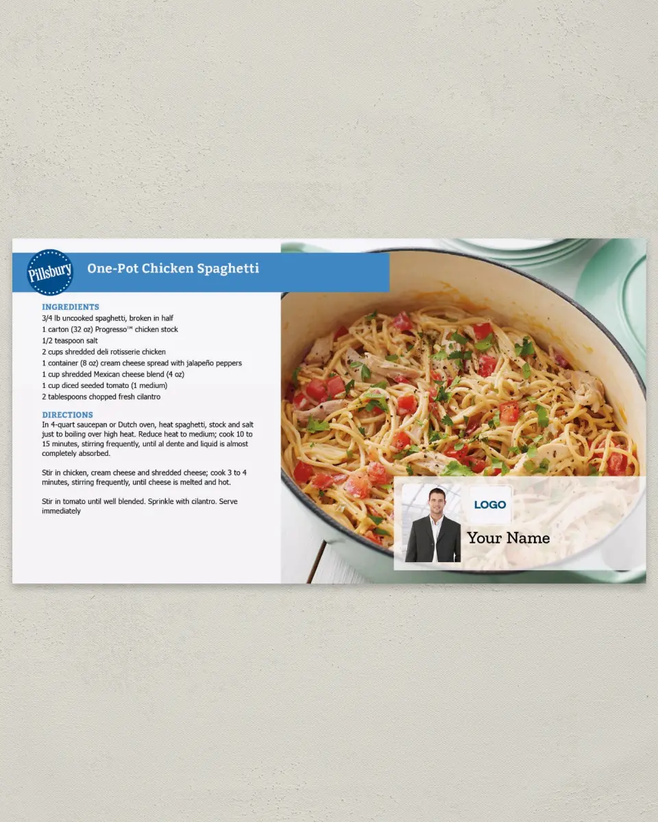 This is a 6" x 11" Postcard called One- Pot Chicken Spaghetti printed in full color