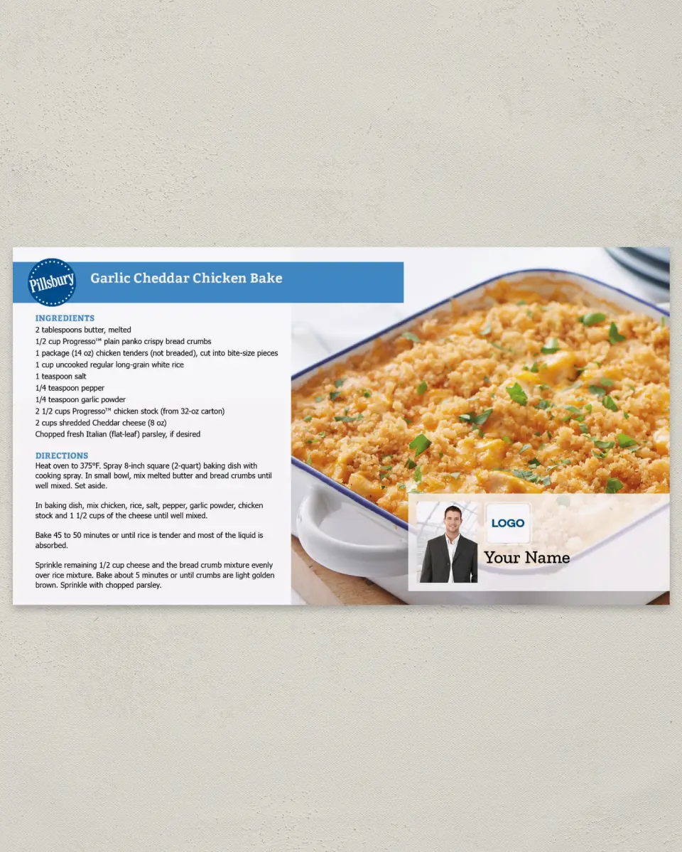 This is a 6" x 11" Postcard called Garlic Cheddar Chicken Bake printed in full color