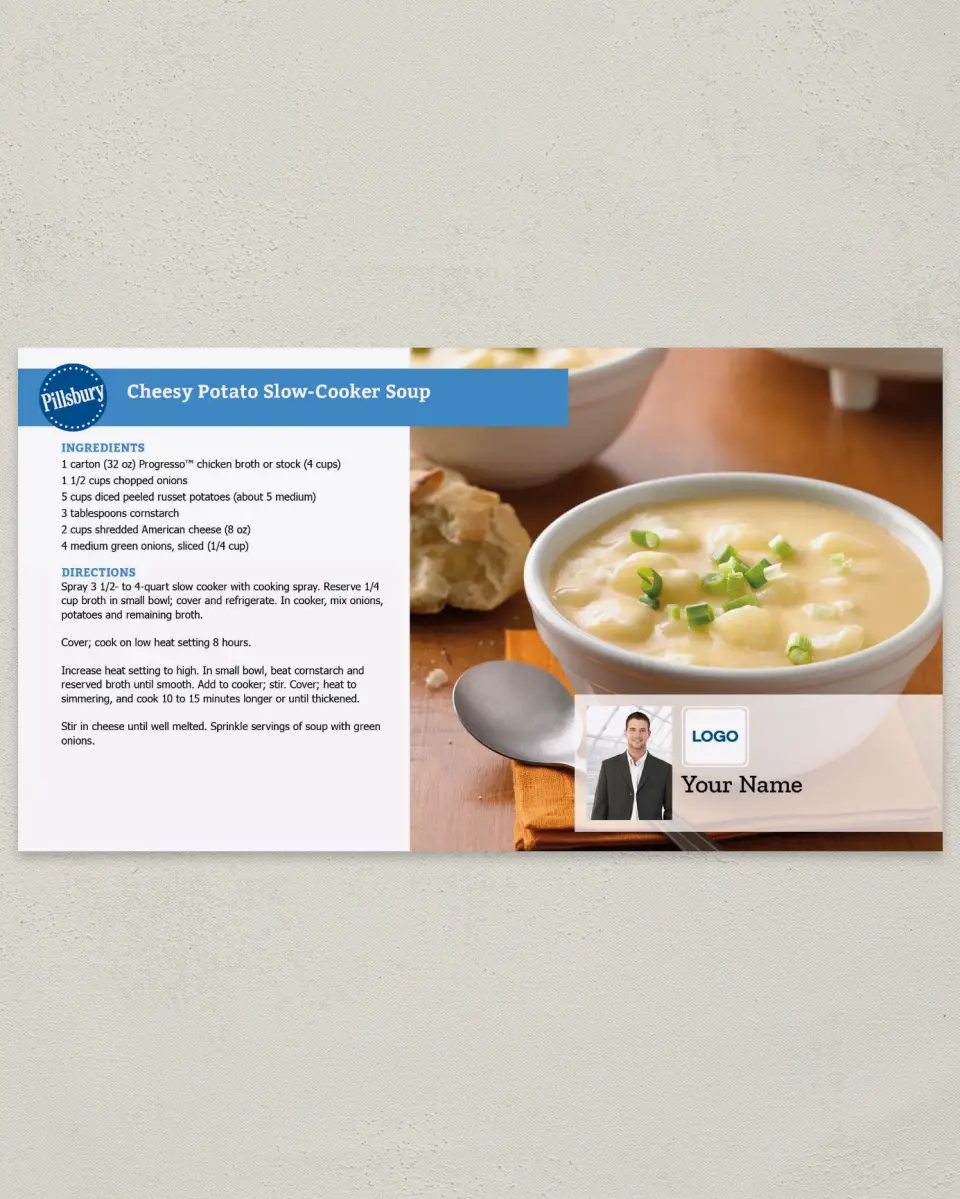 This is a 6" x 11" Postcard called Cheesy Potato Slow- Cooker Soup printed in full color