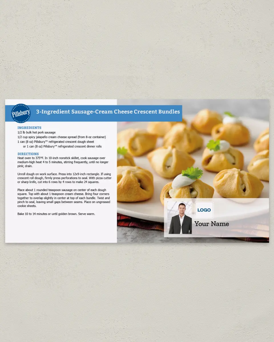 This is a 6" x 11" Postcard called 3-Ingredient Sausage- Cream Cheese Crescent Bundles printed in full color