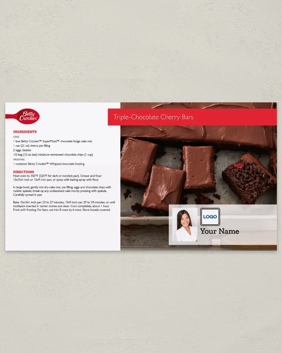 This is a 6" x 11" Postcard called Triple Chocolate Cherry Bars printed in full color