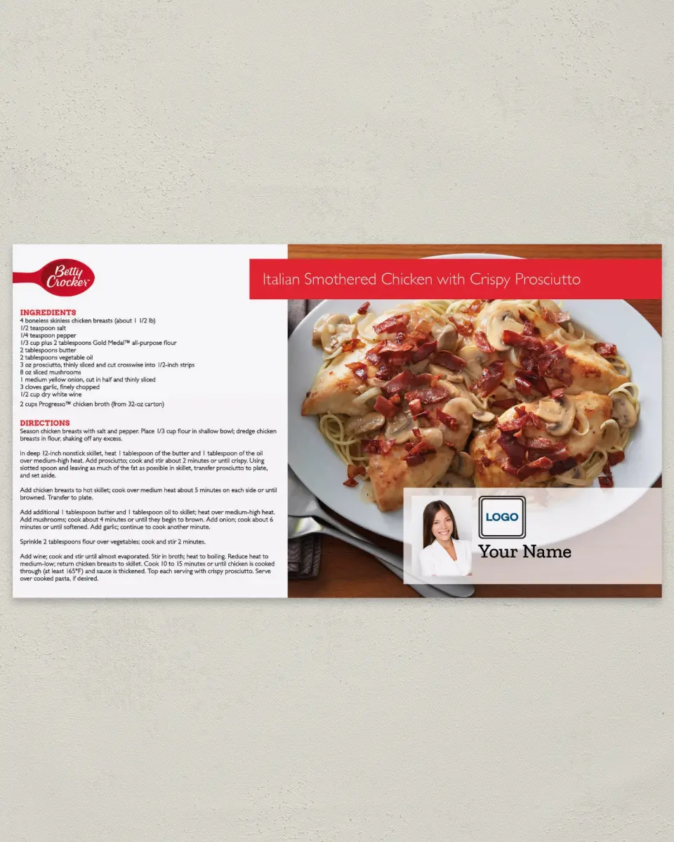 This is a 6" x 11" Postcard called Italian Smothered Chicken with Crispy Prosciutto printed in full color