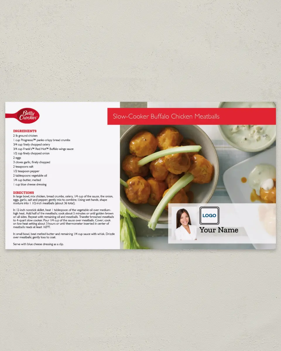 This is a 6" x 11" Postcard called Slow Cooker Buffalo Chicken Meatballs printed in full color