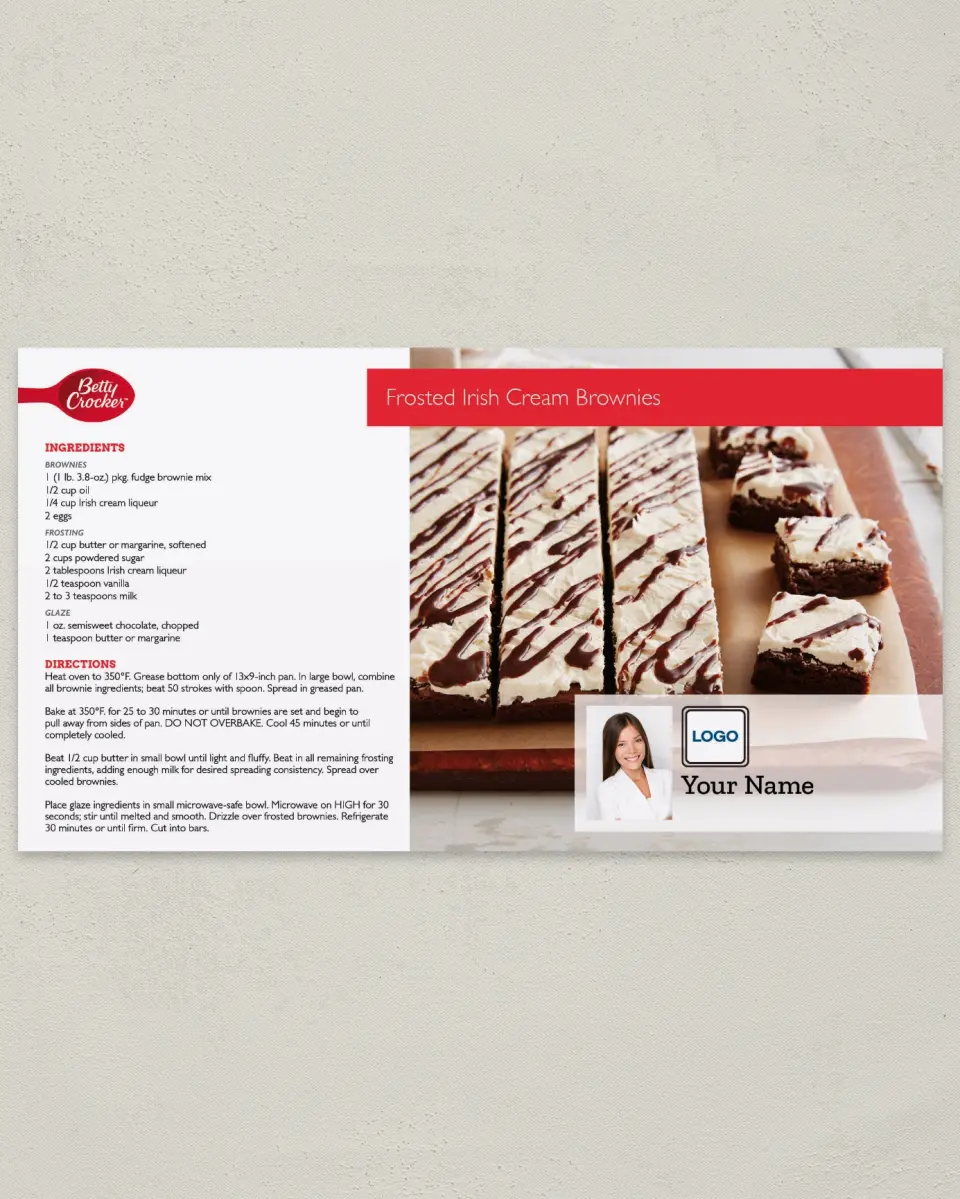 This is a 6" x 11" Postcard called Frosted Irisch Cream Brownies printed in full color