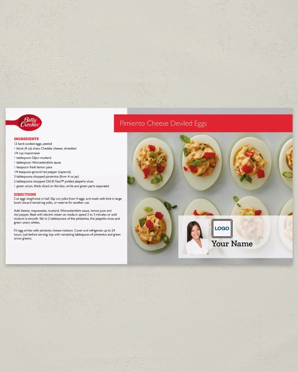 This is a 6" x 11" Postcard called Pimiento Cheese Deviled Eggs printed in full color