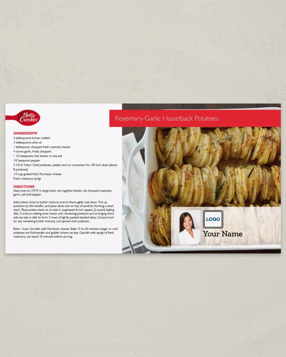 This is a 6" x 11" Postcard called Rosemary Garlic Hasselback Potatoes printed in full color
