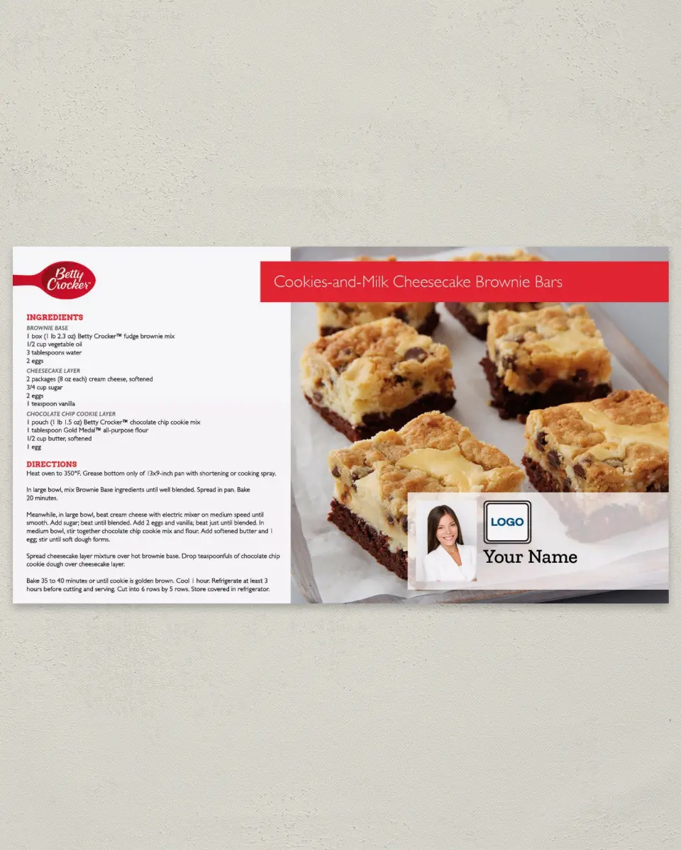 This is a 6" x 11" Postcard called Cookies and Milk Cheesecake Brownie Bars printed in full color