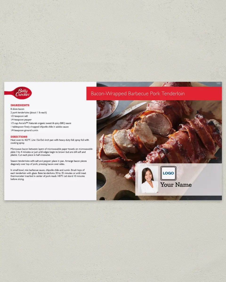 This is a 6" x 11" Postcard called Bacon- Wrapped Barbecue Pork Tenderloin printed in full color