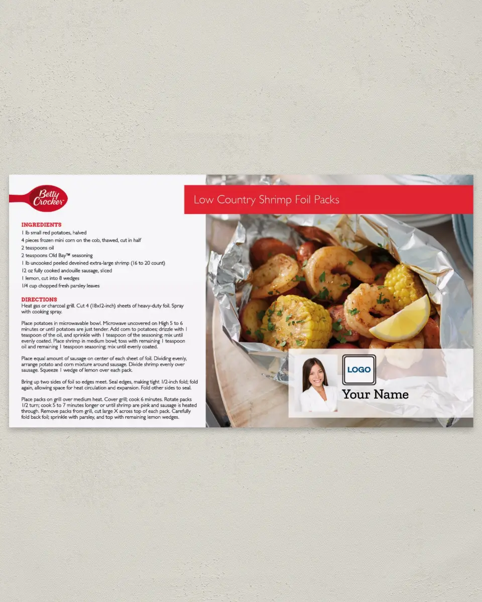 This is a 6" x 11" Postcard called Low Country Shrimp Foil Packs printed in full color