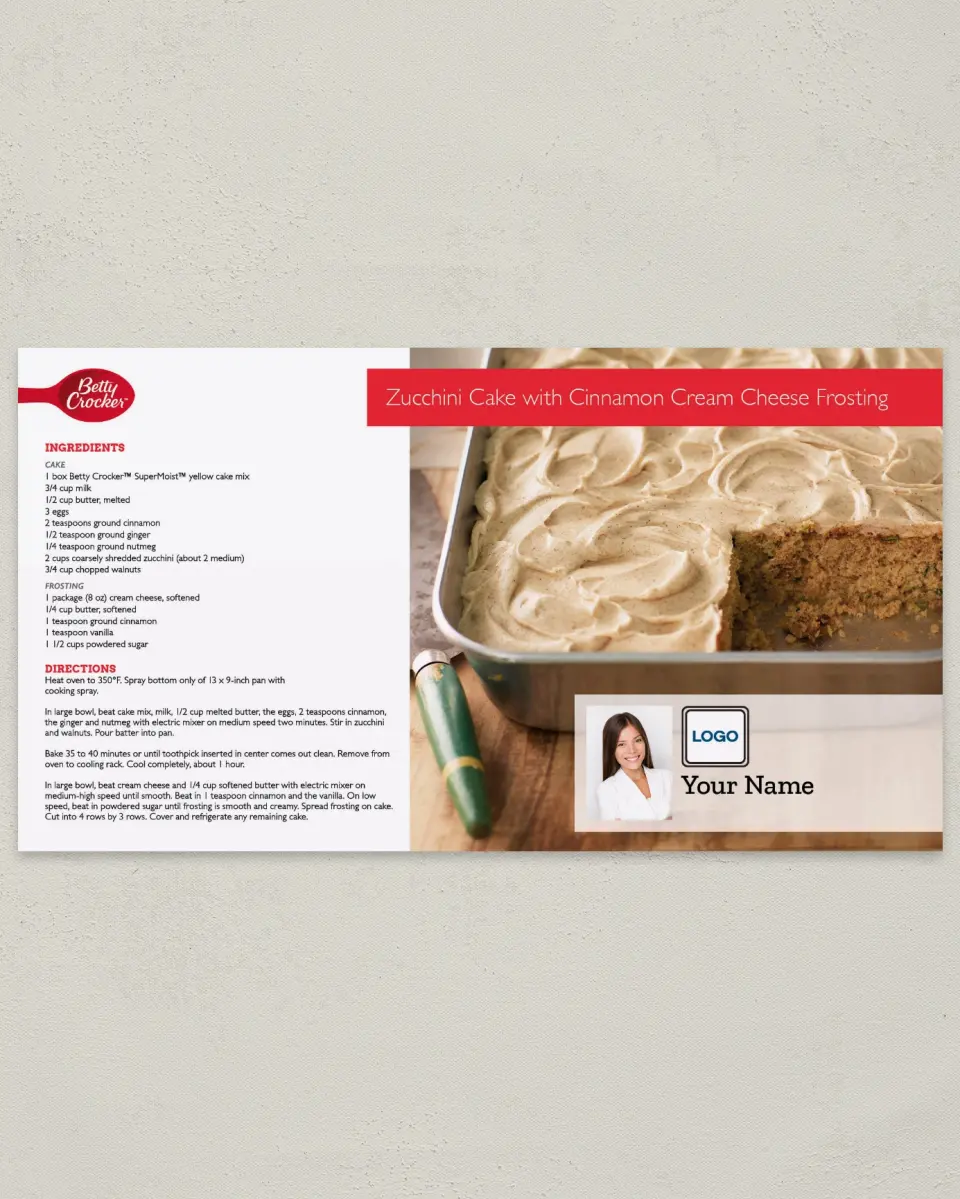 This is a 6" x 11" Postcard called Zucchini Cake with Cinnamon Cream Cheese printed in full color