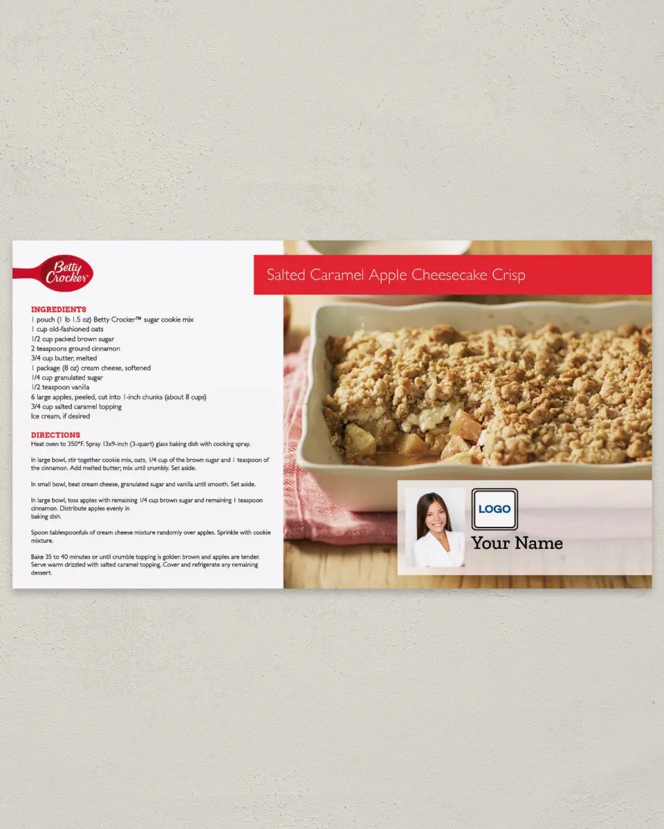 This is a 6" x 11" Postcard called Salted Caramel Apple Cheesecake Crisp printed in full color